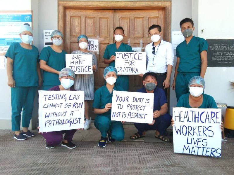 Health workers in Dimapur protesting against the alleged assault on a pathologist on August 22.